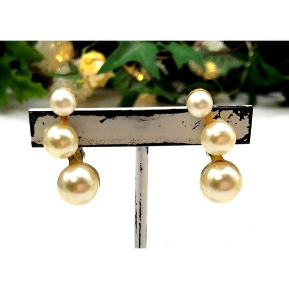 Vintage Gold-Tone Triple Faux Pearl Clip-On Earrings by Sarah Cov - Picture 2 of 5